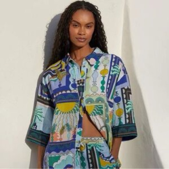 NWT! By Anthropologie Short-Sleeve Printed Linen Buttondown Shirt Top - XXS 🐸 - Picture 3 of 5